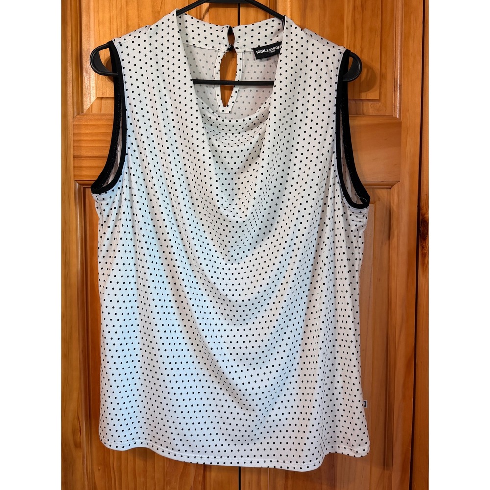 Karl Lagerfeld Paris Polka Dot Cowl Neck Blouse‎ Top White Black Trim Large L